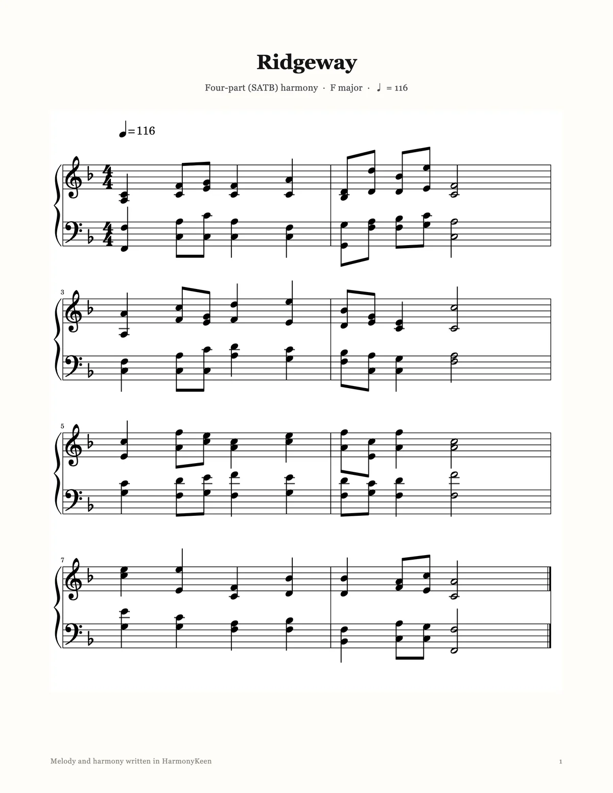 An exported HarmonyKeen score as a printed page, engraved on US Letter