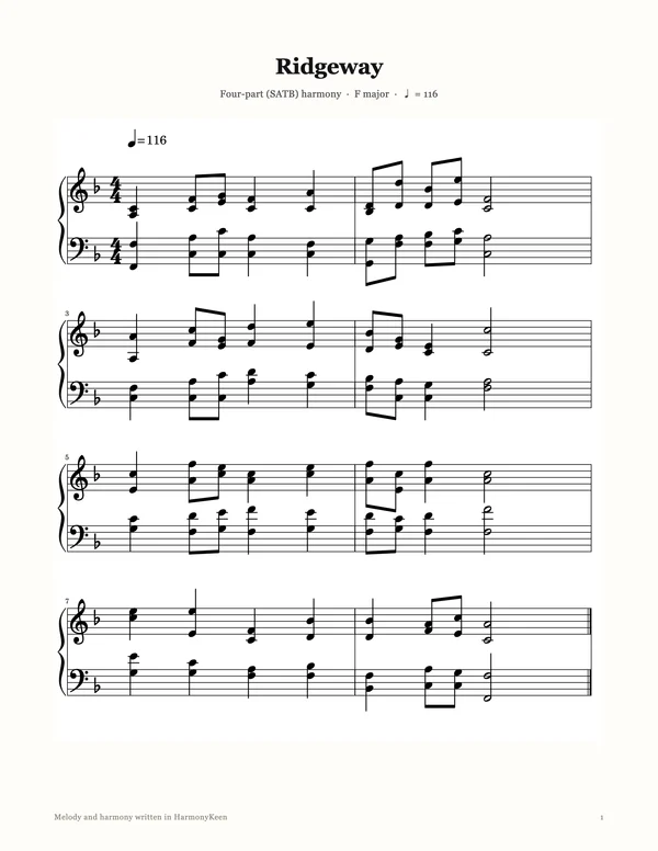 The same arrangement exported as a printable PDF page, titled Ridgeway, eight bars on four systems