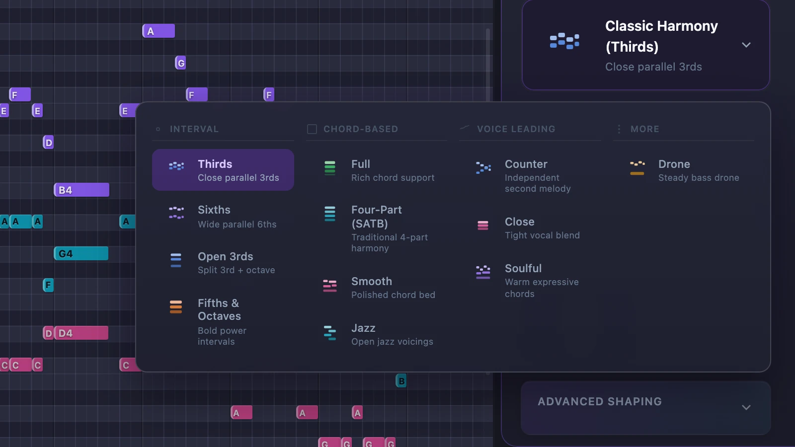 The HarmonyKeen style picker open, showing harmony styles grouped as interval, chord-based, voice leading and more