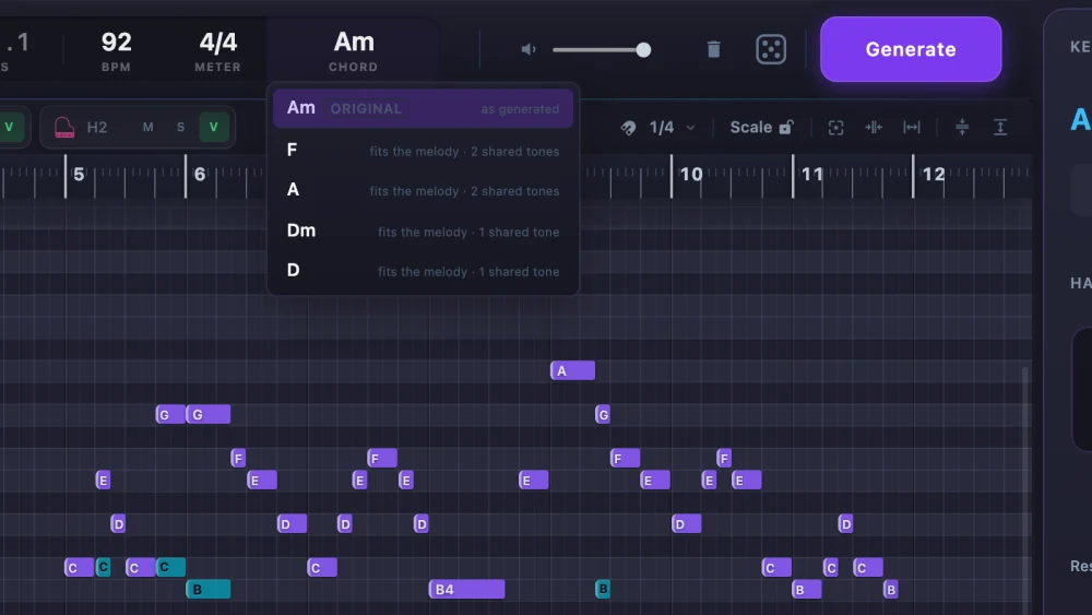 The chord readout menu open in HarmonyKeen, listing alternatives to an A minor chord