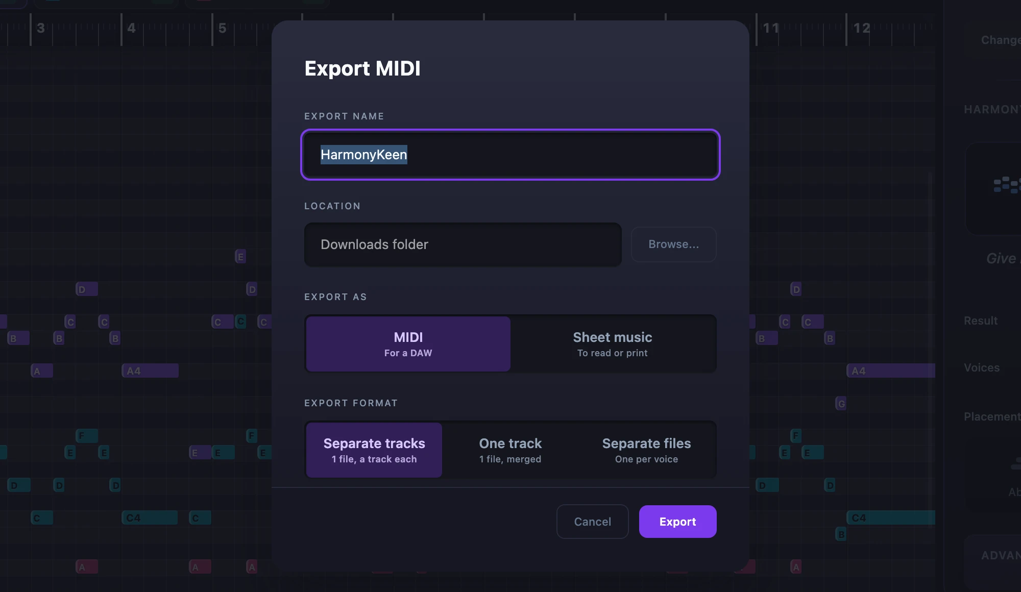 The HarmonyKeen export dialog, offering MIDI or sheet music, and separate tracks, one track or separate files